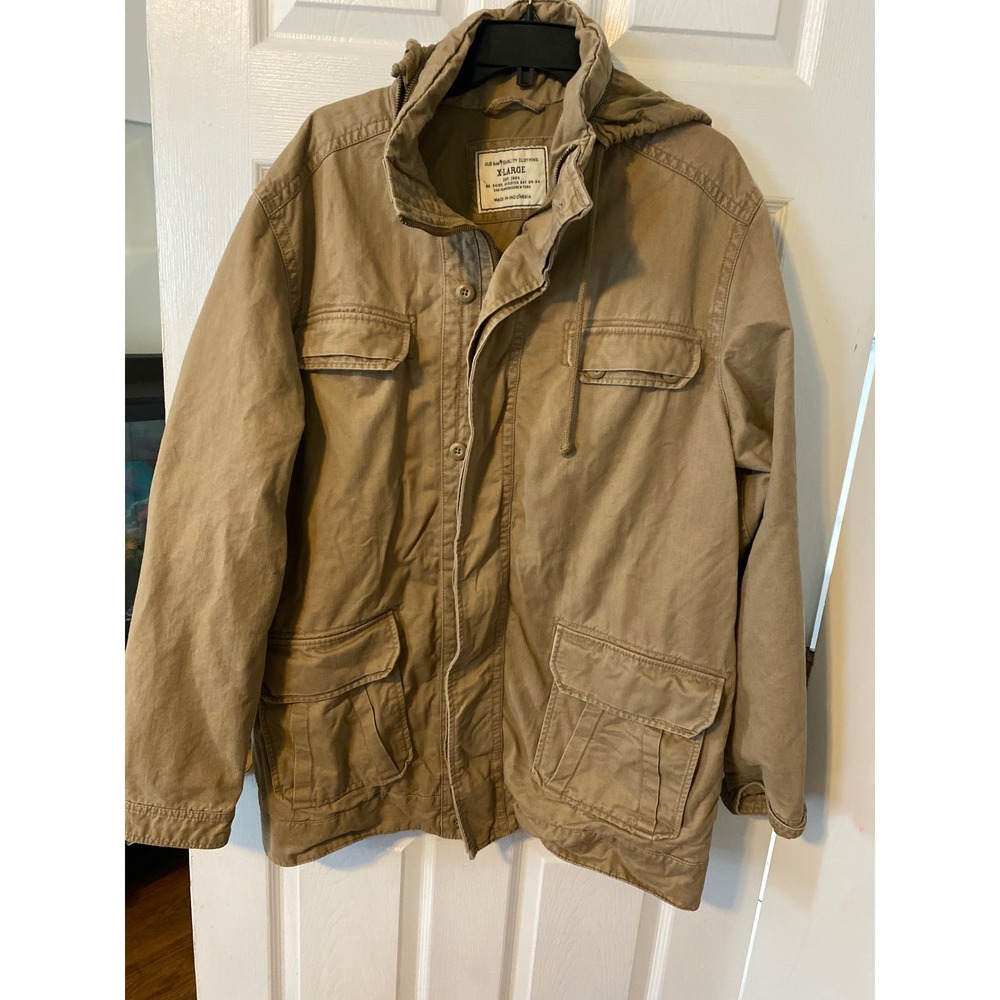 Old Navy Mens XL Khaki Tan Field Jacket Hooded Utility Cargo Military Coat